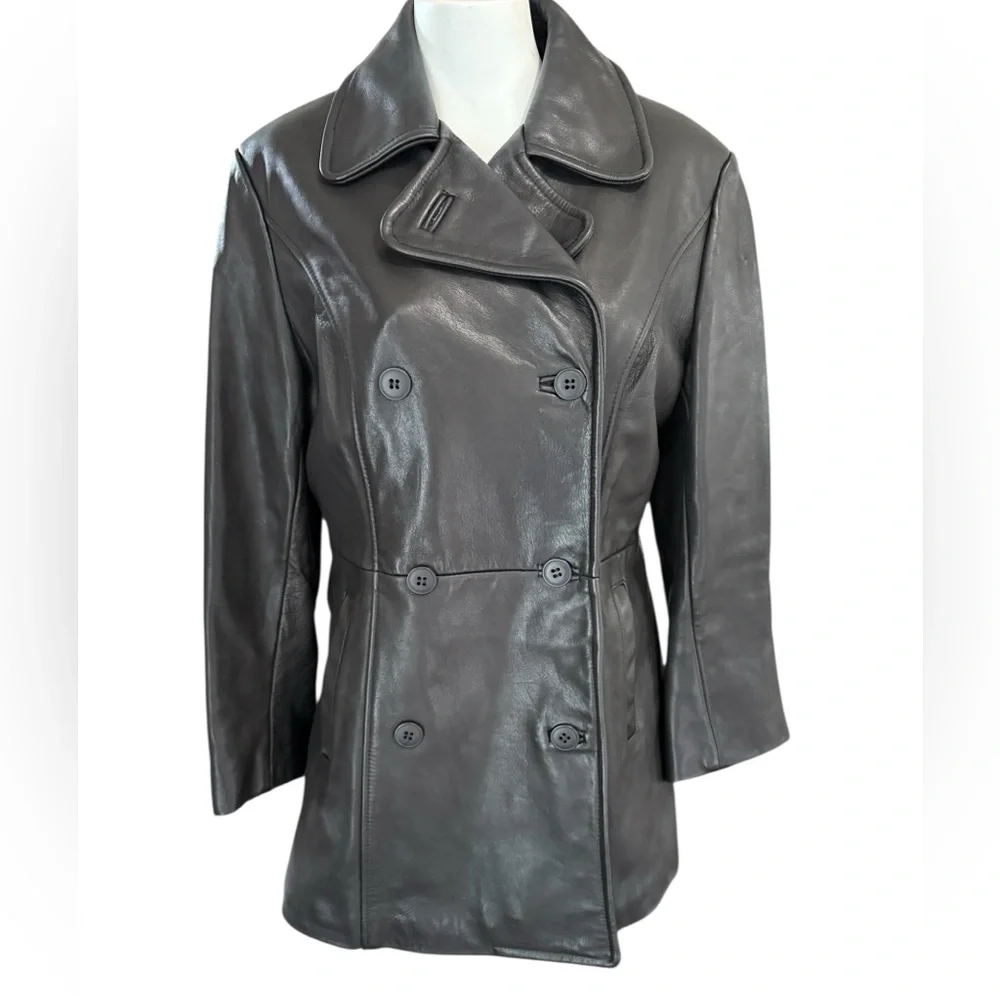 Mantique Black Double-Breasted Leather Jacket, quilted lining, pockets Sz Med 🇨🇦 - Picture 7 of 10